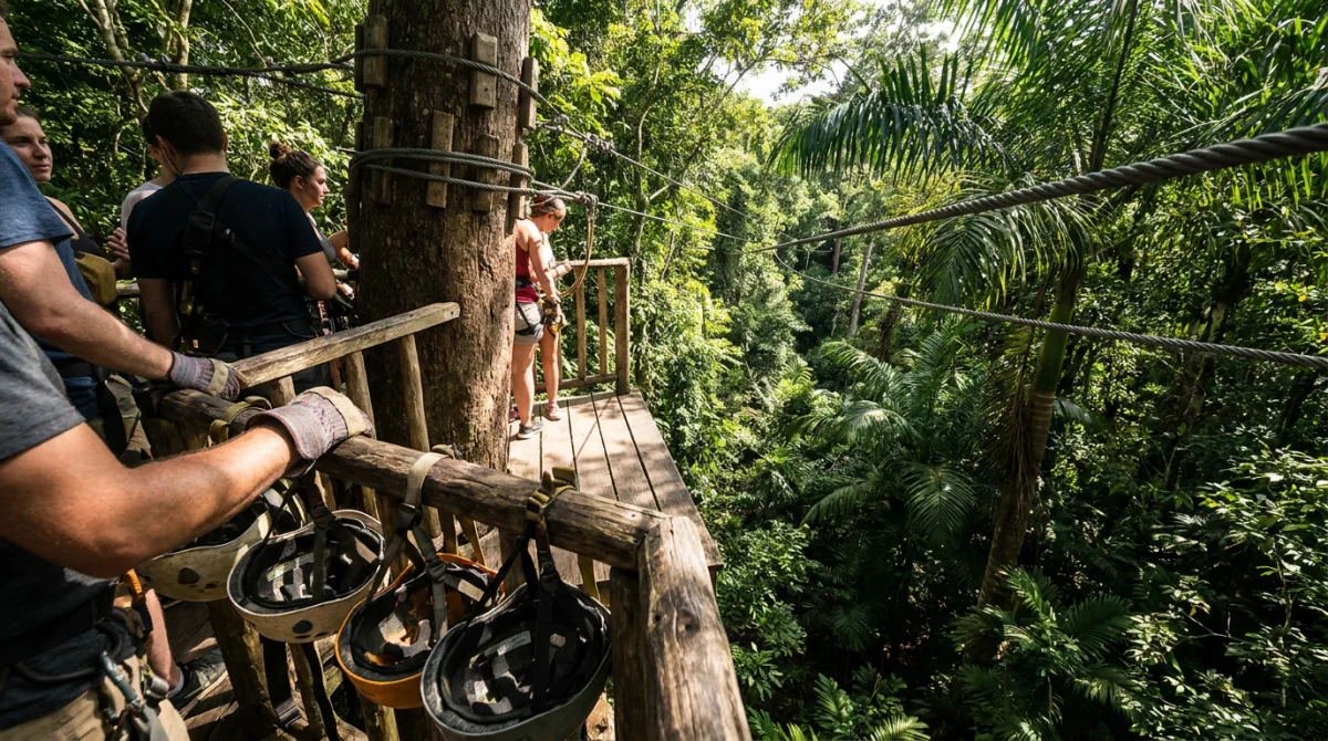 Group on a jungle zipline platform near Puerto Vallarta