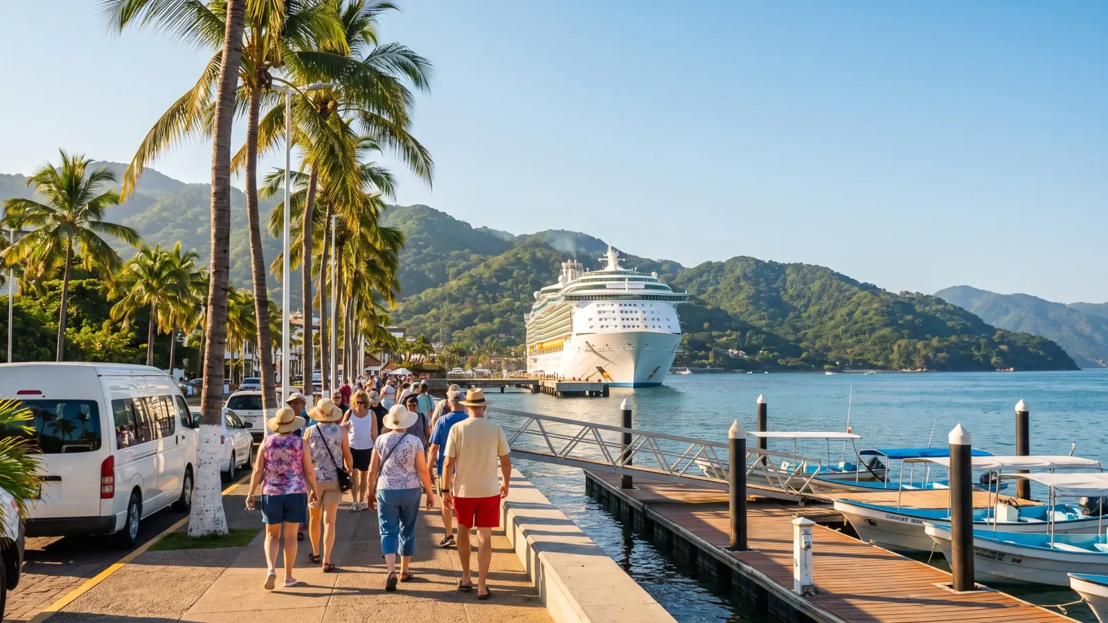 Cruise ship docked at the Puerto Vallarta terminal with passengers walking to a tour
